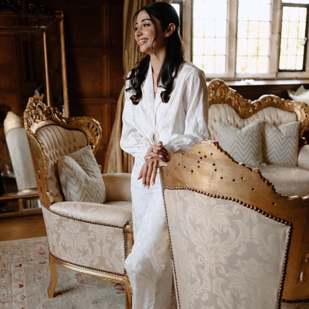 LILY BRIDAL FLORAL JACQUARD TIE FRONT PANT SET IN DOVE